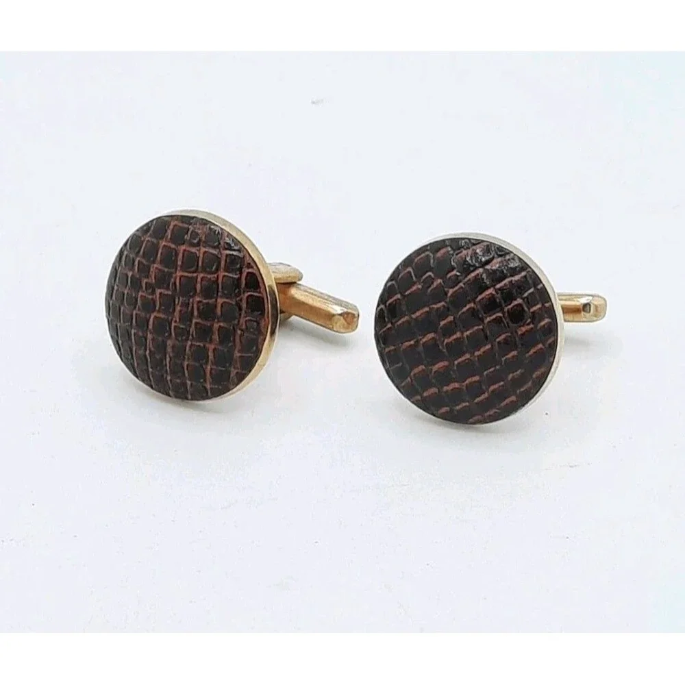 Vintage Hickok Brown Faux Snakeskin Leather Cufflinks Goldtone Metal